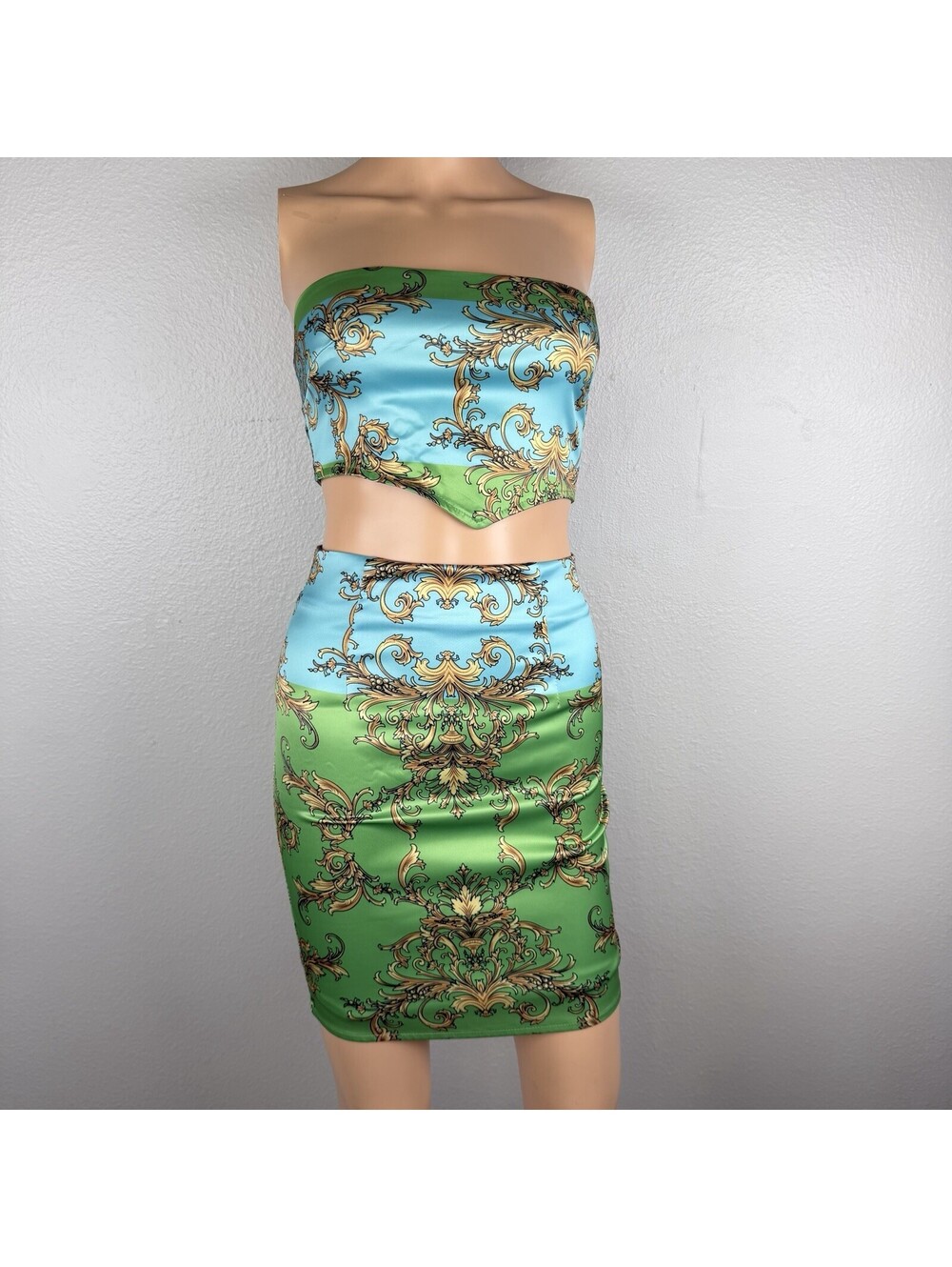 Fashion Nova Women’s S Green Blue Baroque 2 Pc Crop Top Mini Skirt Set Y2K